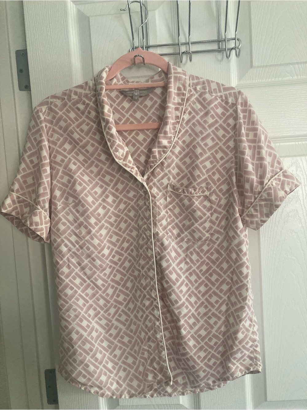 100% Mulberry Silk Blush Geometric Pajama Set with Contrast Piping - Women Small - Picture 2 of 12